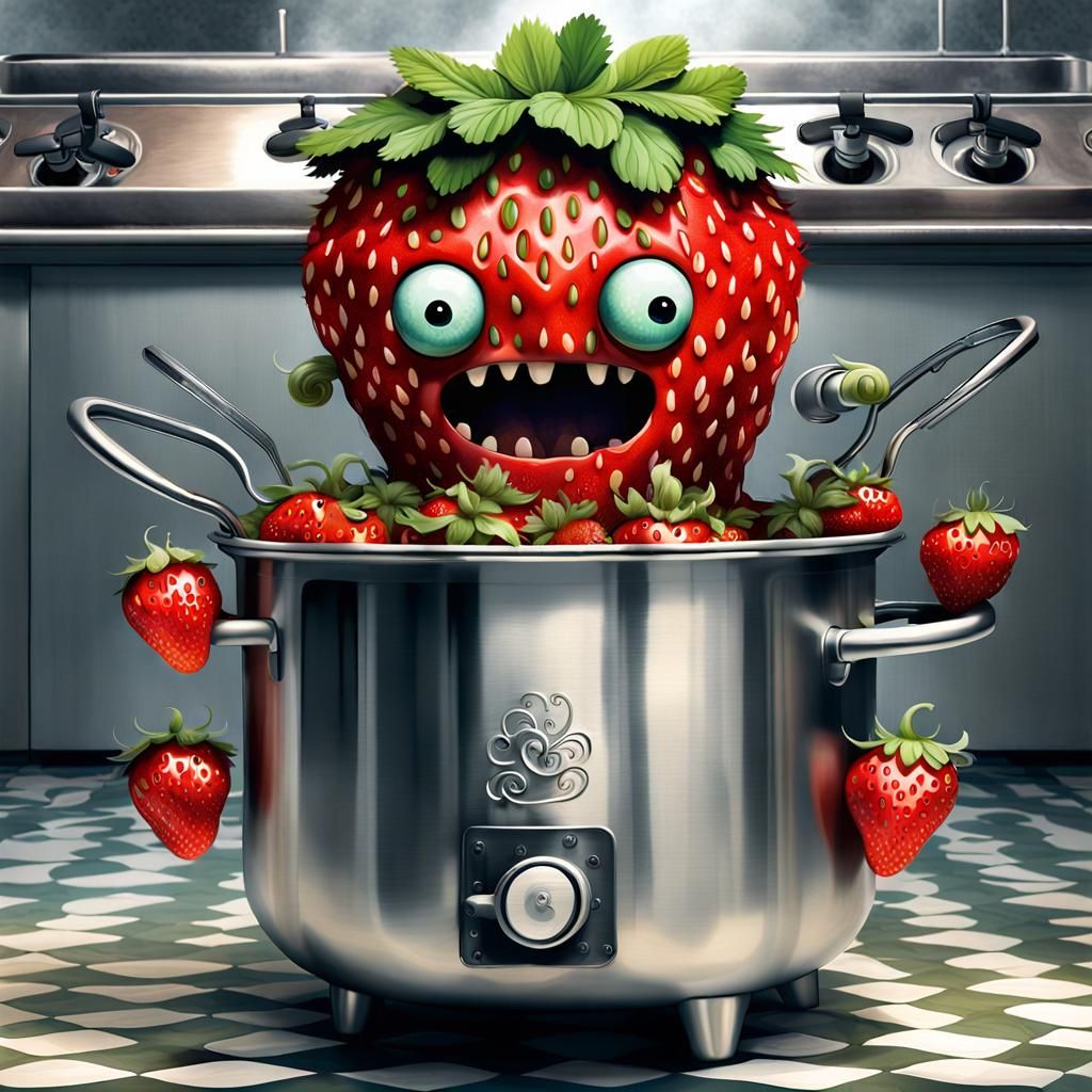 Strawberry Monster in Soup Pot, Surreal Illustration
