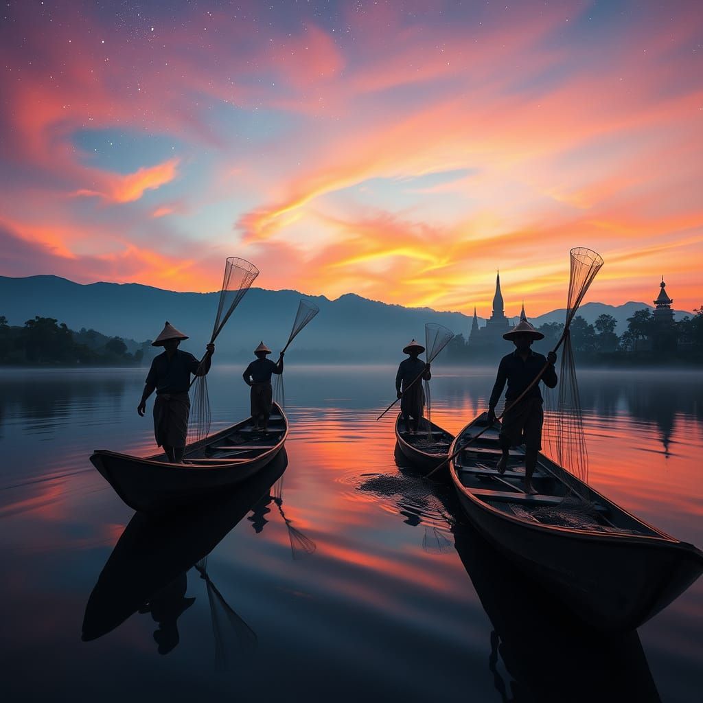 Burmese Fishermen in Traditional Attire at Dusk