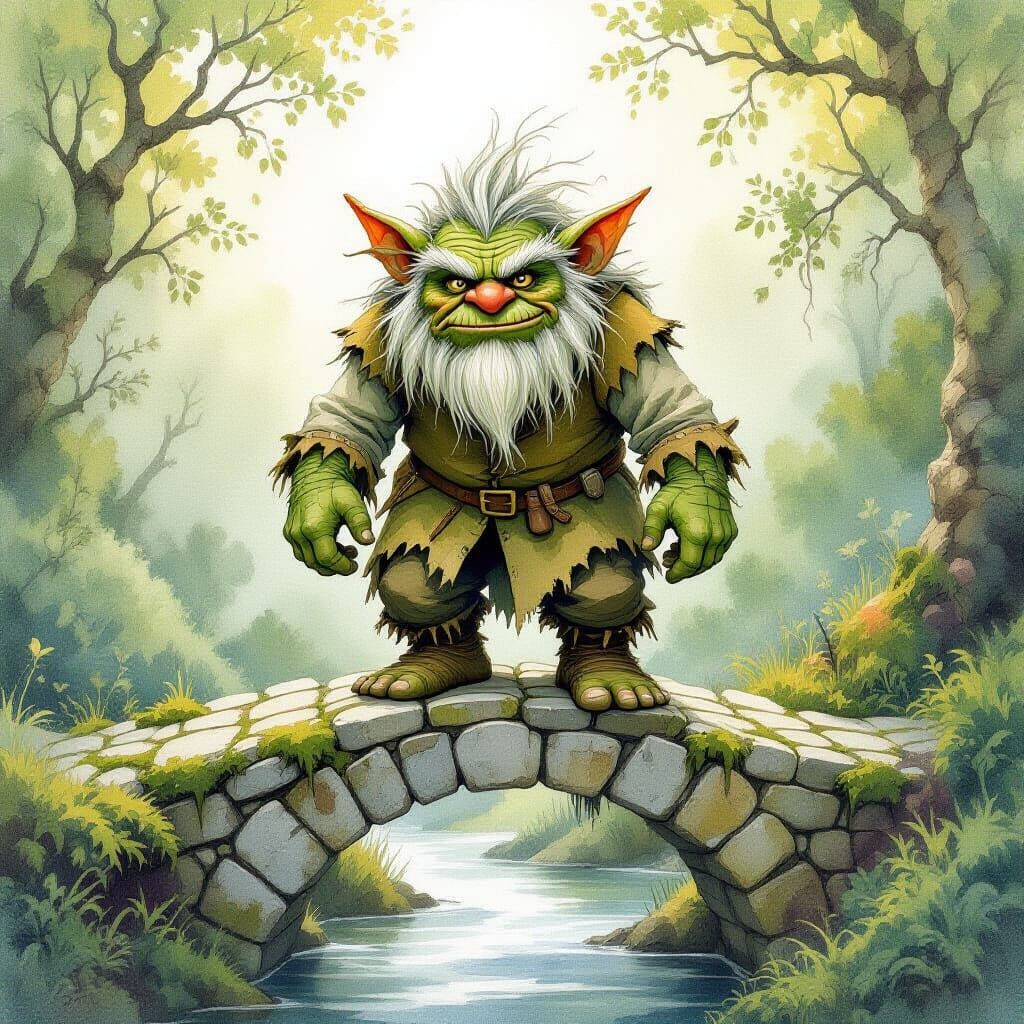 Moss Troll on Stone Bridge in Watercolor Style