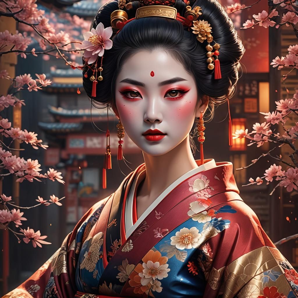Geisha Girl Portrait with Elaborate Makeup in 8K