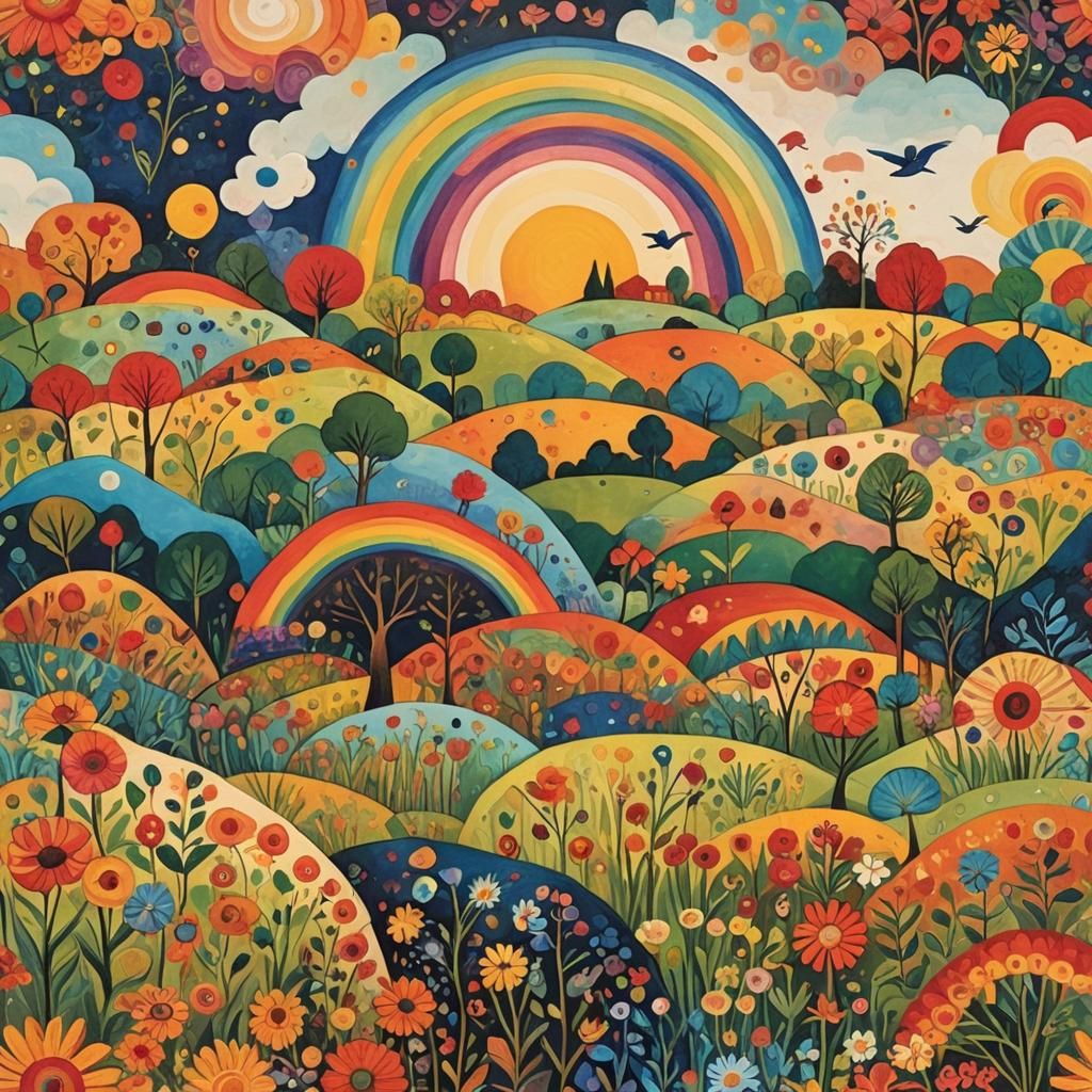 Folk Art Rainbow Landscape in Abstract Style