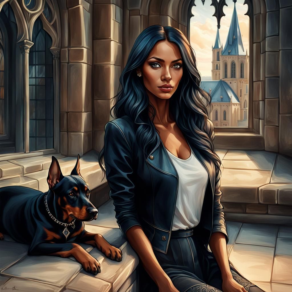 Woman and Dobermann in Gothic Castle