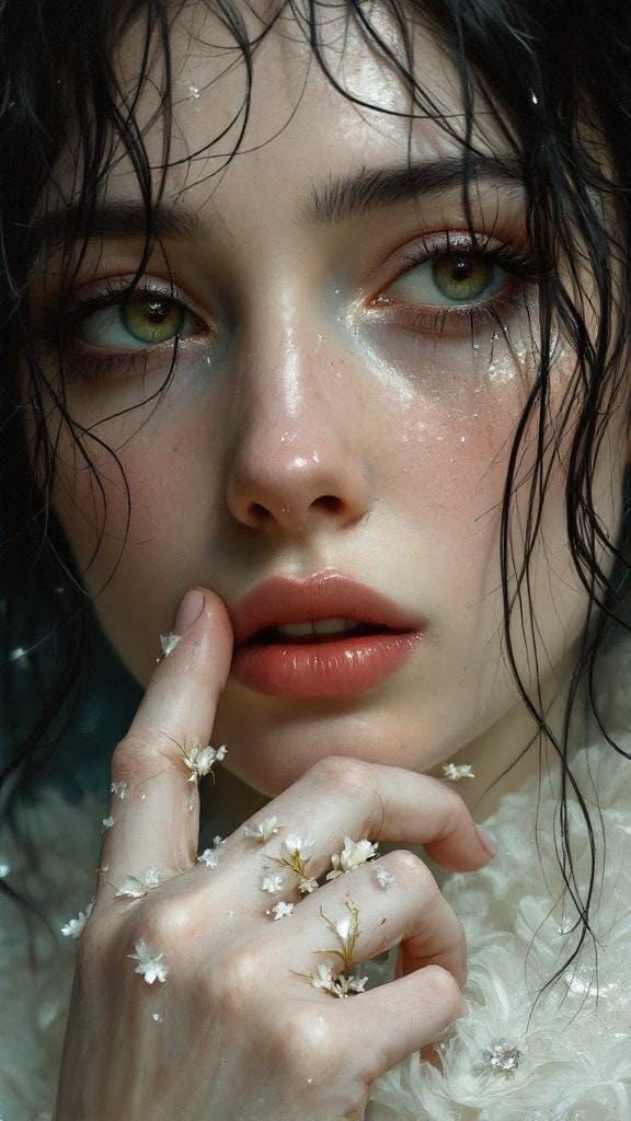 Tragic Princess with Broken Flowers: Oil Painting