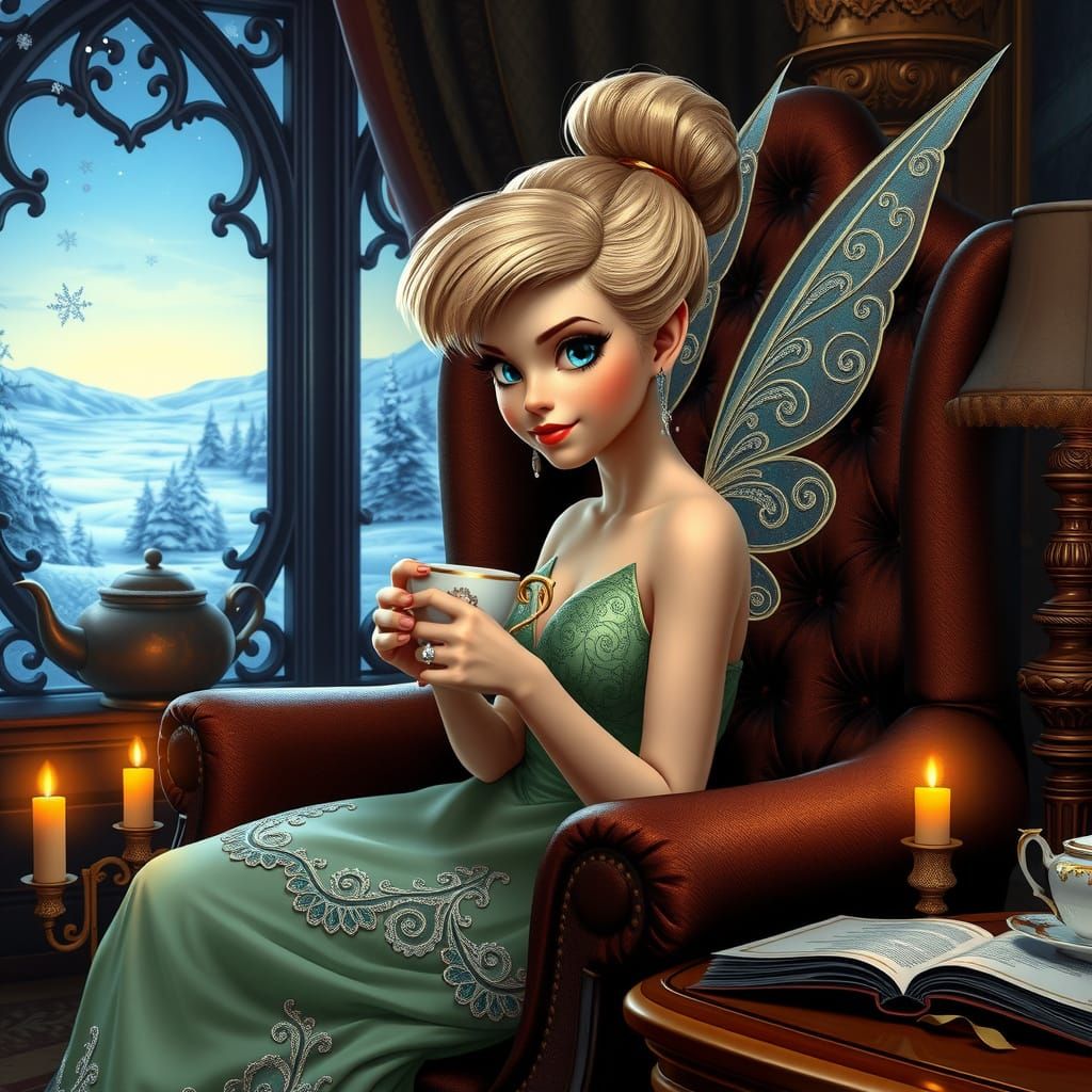 Elegant Winter Fairy in Luxury Armchair with Tea and Book