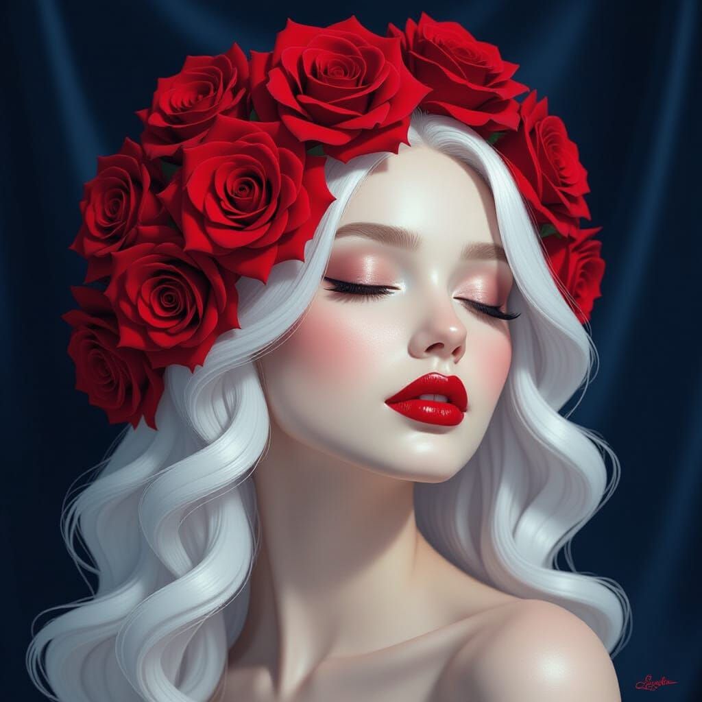 Crimson Roses Adorn Serene Woman's Profile