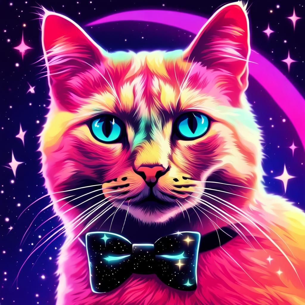 Neon Cat with Bow in Retro Synthwave Galaxy