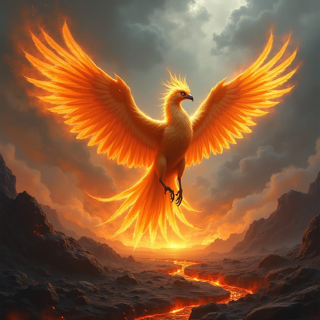 Phoenix Rising From Volcanic Wasteland in Epic Fantasy Style