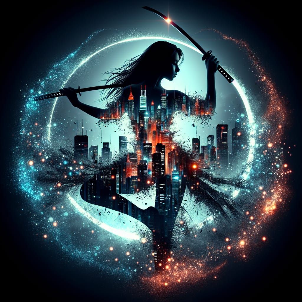 Hispanic Assassin Dances in Neon City Silhouette