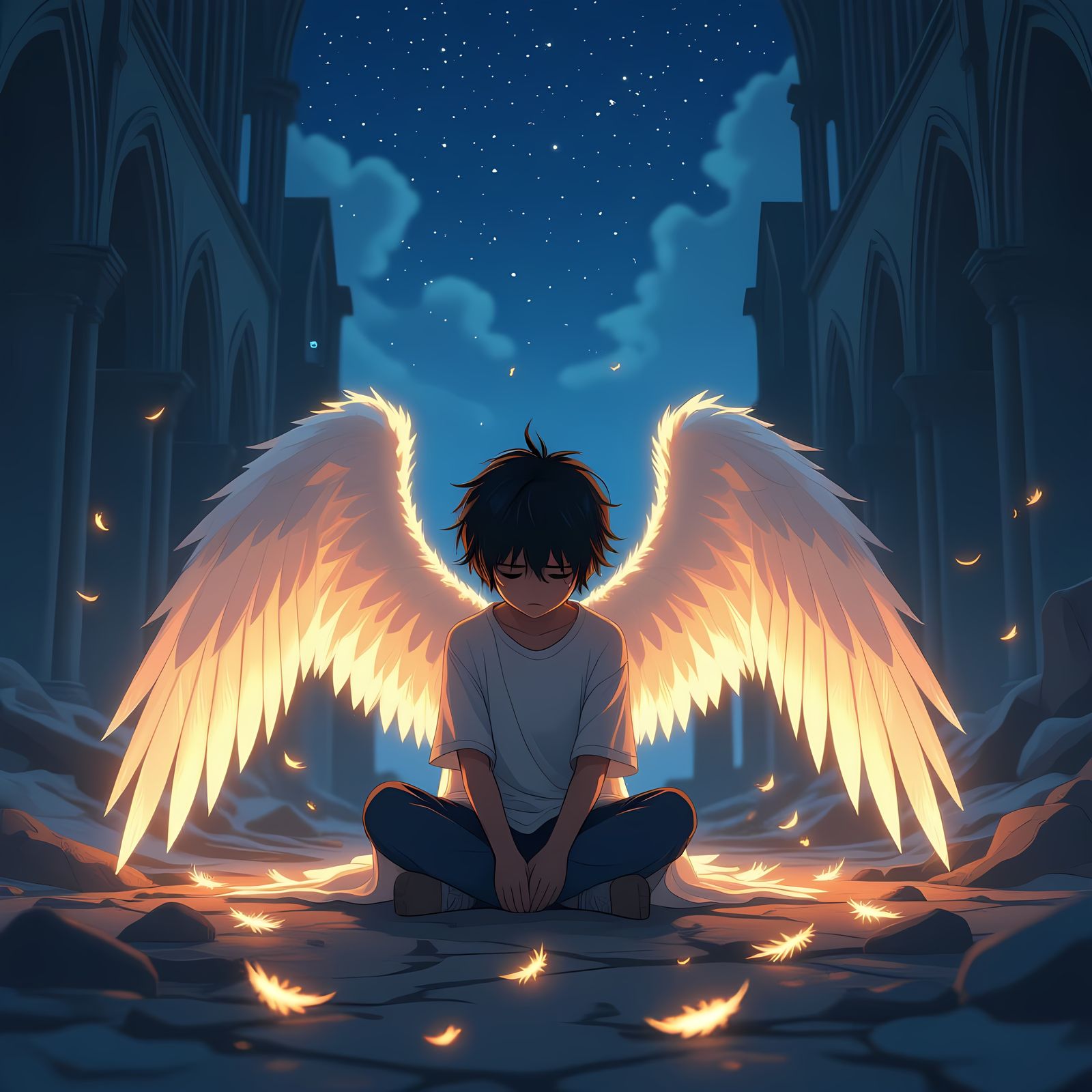 Anime Angel Boy in Cathedral Ruins Under Starry Sky