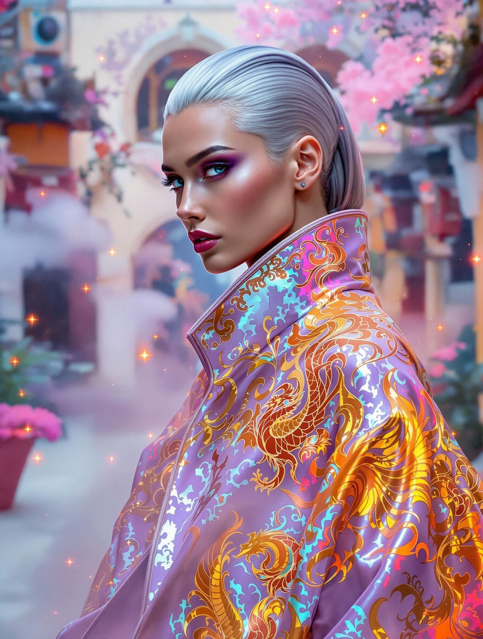 Regal Nonbinary Figure in Ethereal Courtyard