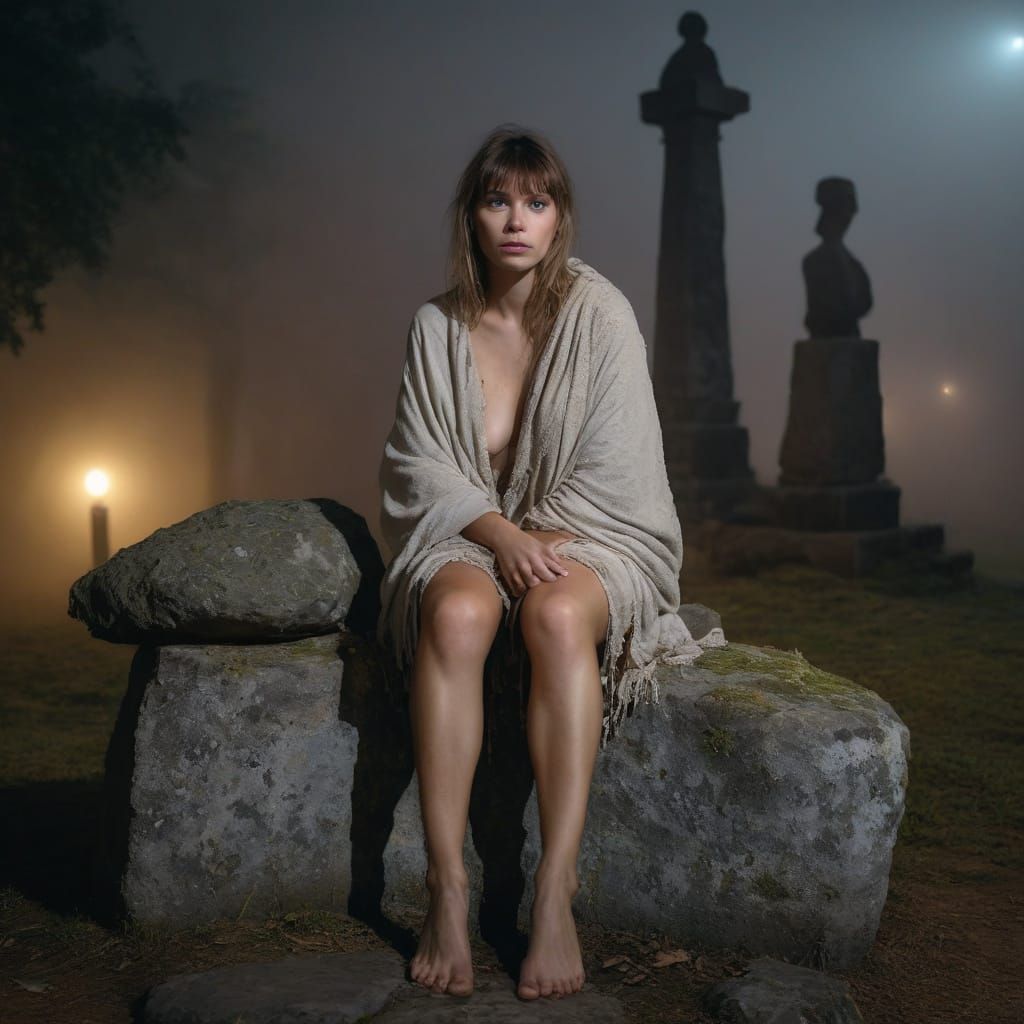 A Mysterious Woman Contemplates in Foggy Twilight