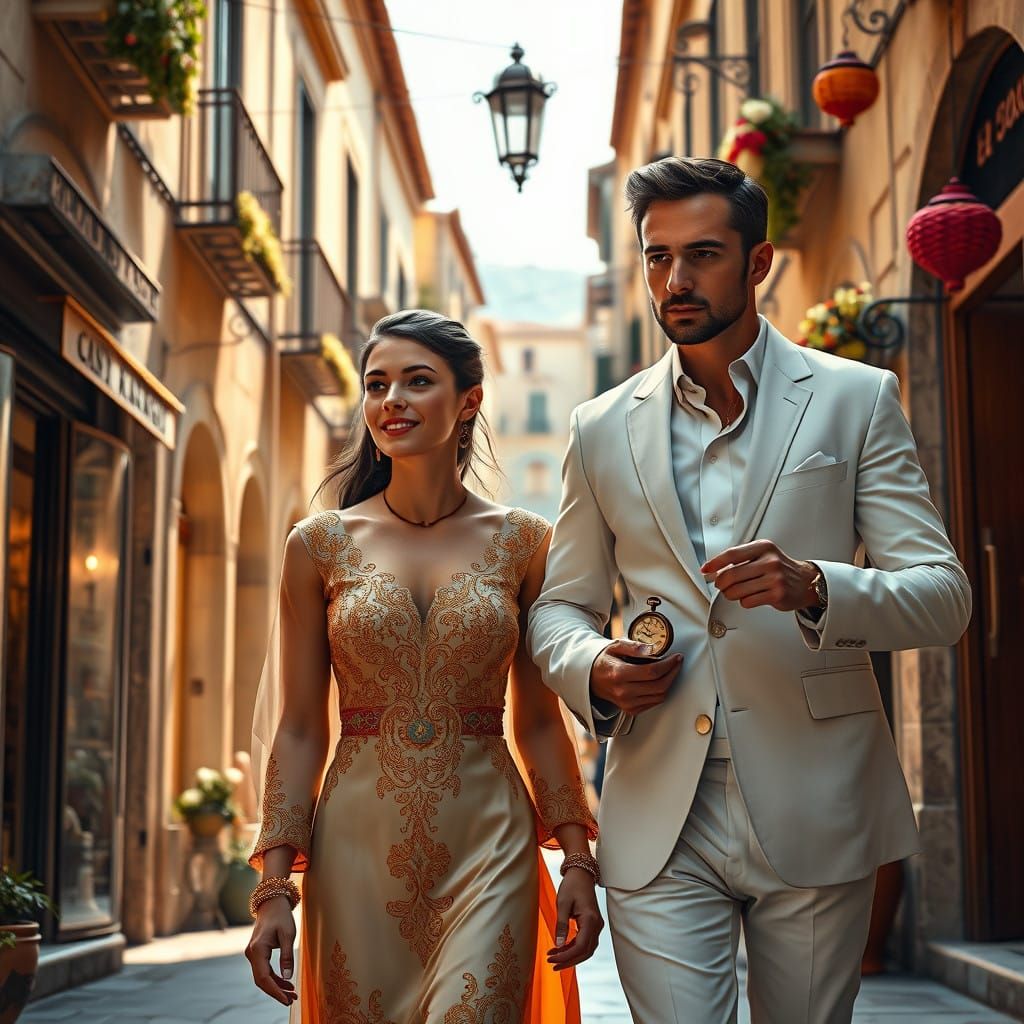 Elegant Mediterranean Woman Strolls Down Ancient Street with...
