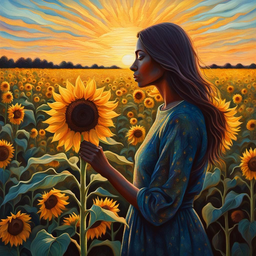 Woman in Sunflower Field: Oil Pastel Fantasy