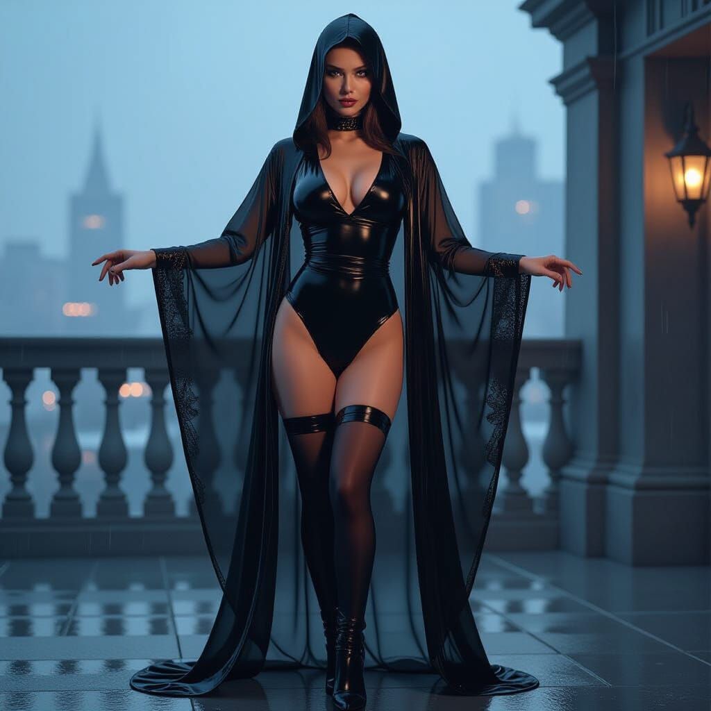 Futuristic Noir: Woman in Wet Monokini on Rainy Terrace