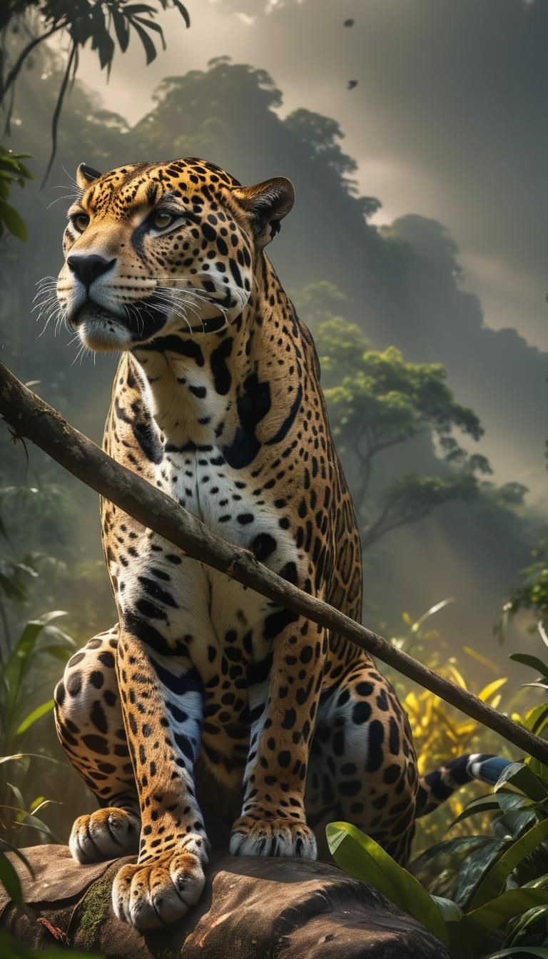 Fierce Jaguar in Hyperrealistic Jungle Scene