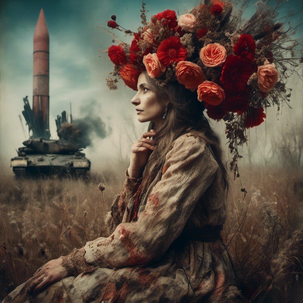 Ukrainian Woman Celebrates Amidst War, Hyperrealistic