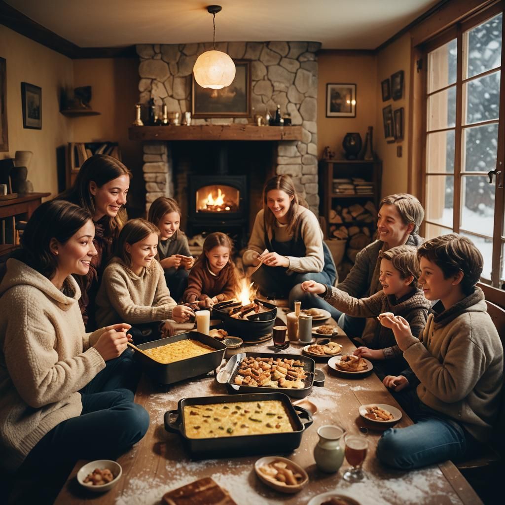 Cozy Family Gathering by Fireplace: A Cinematic Still