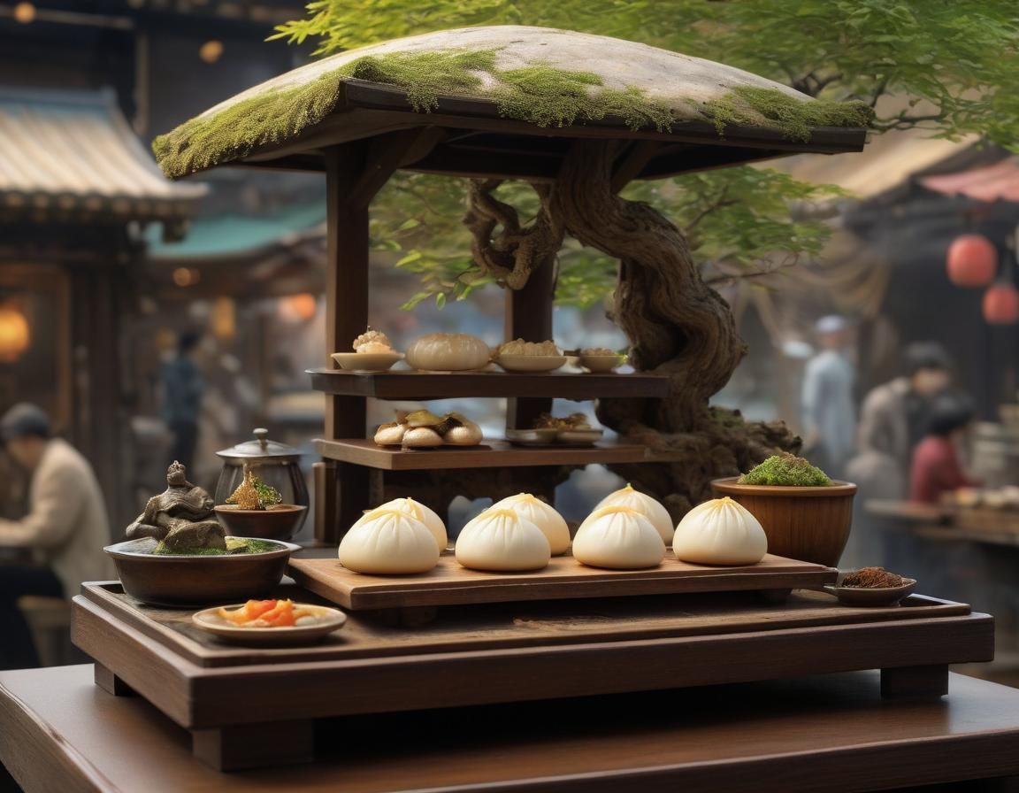 Detailed Steamed Bao on Japanese Food Stand