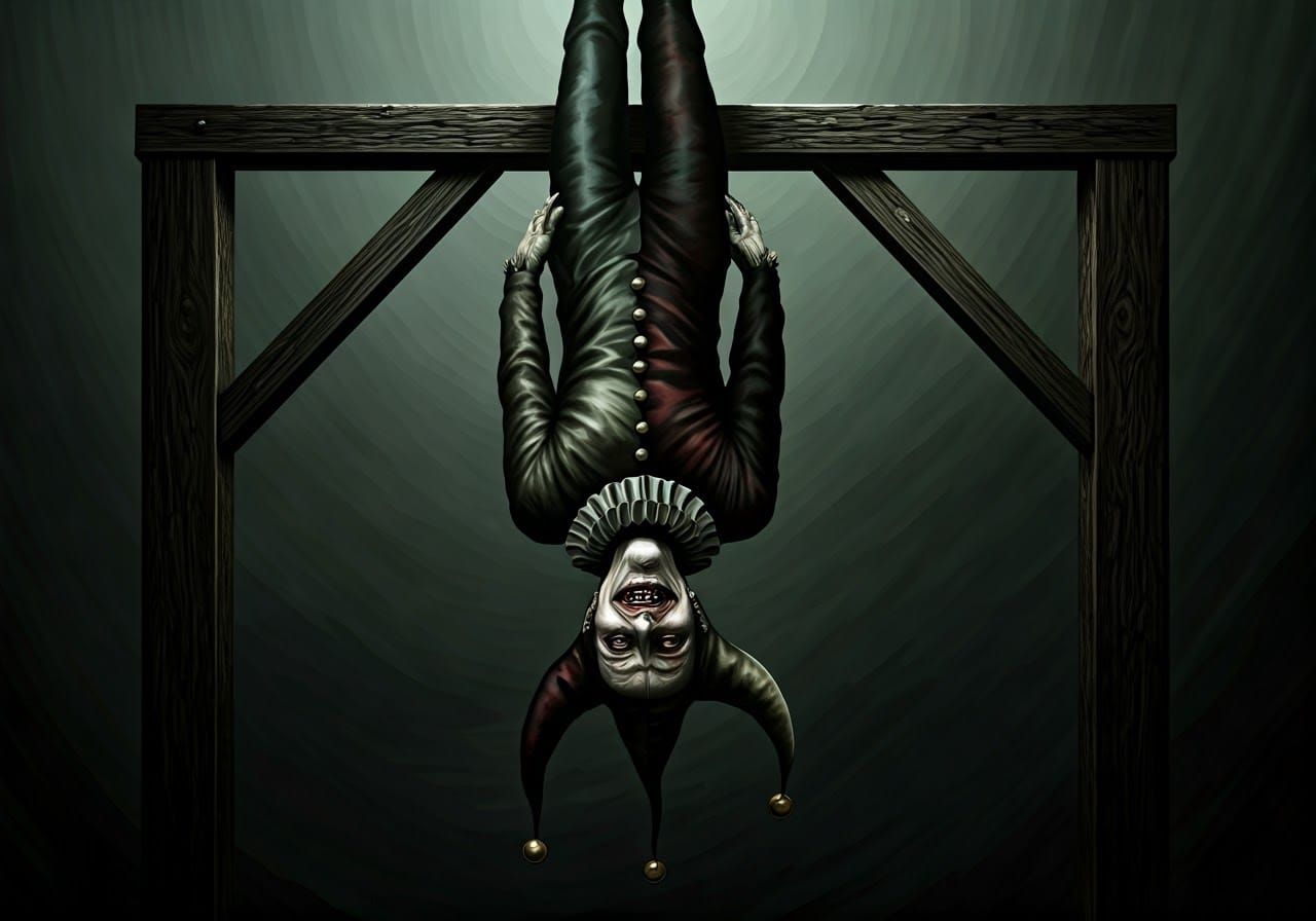 Menacing Jester on Gallows in Dark Gothic Surrealism