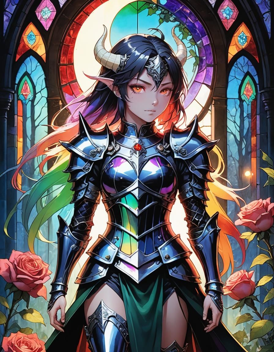 Demon Warrior in Thorny Garden: Anime Horror Art