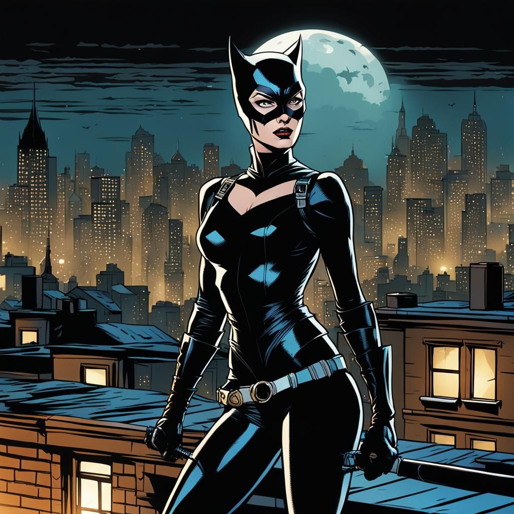 Catwoman on Gotham Rooftop: Comic Book Art