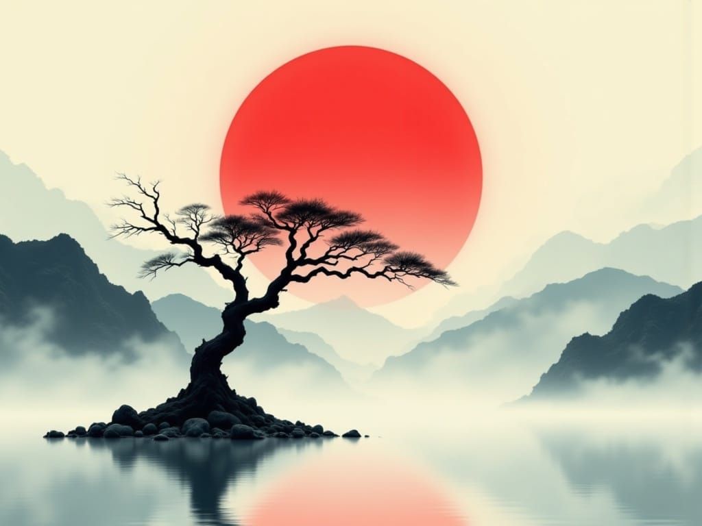 Ethereal Landscape with Red Sun and Gnarled Tree