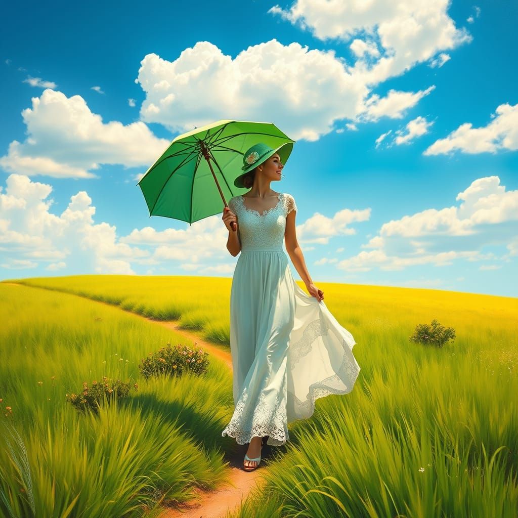 Woman Strolling Through Field in Photorealistic Style
