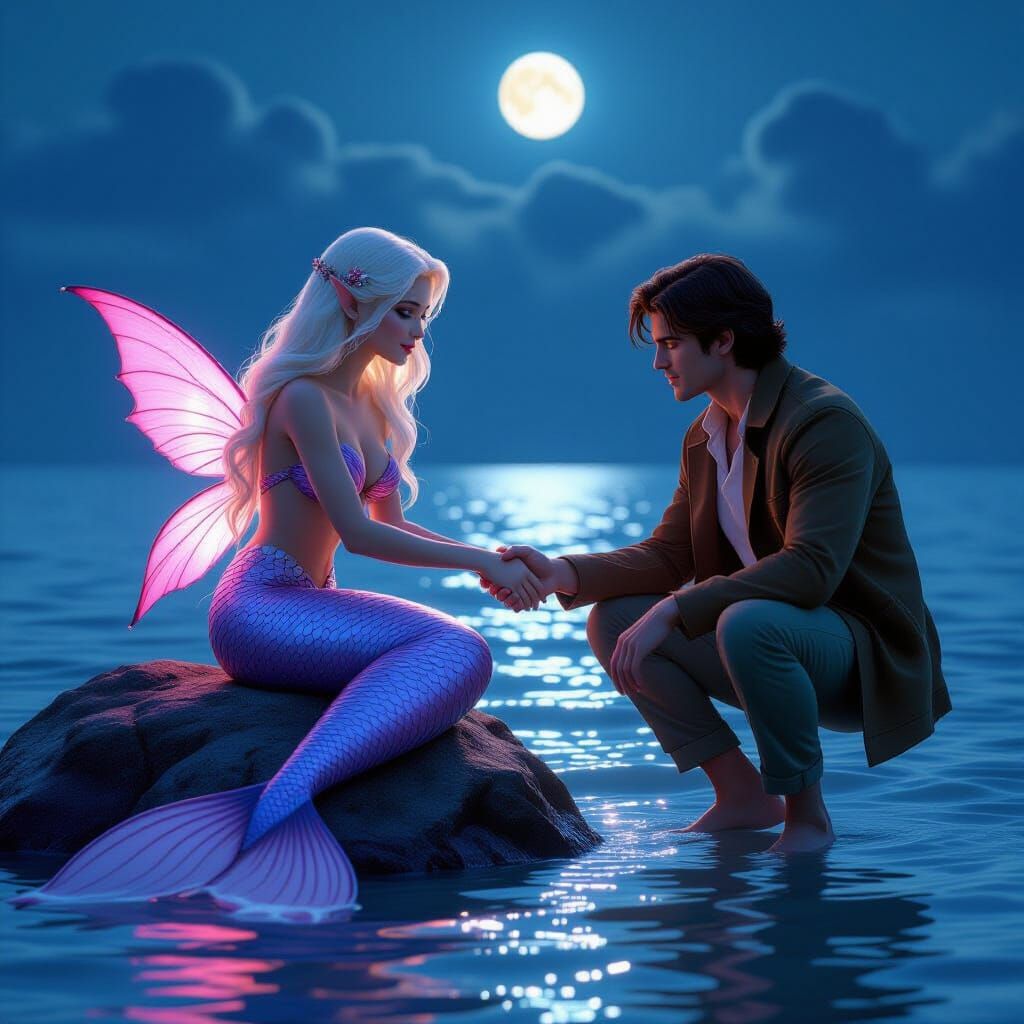 Mermaid and Man Reach Out in Moonlit Ocean Scene