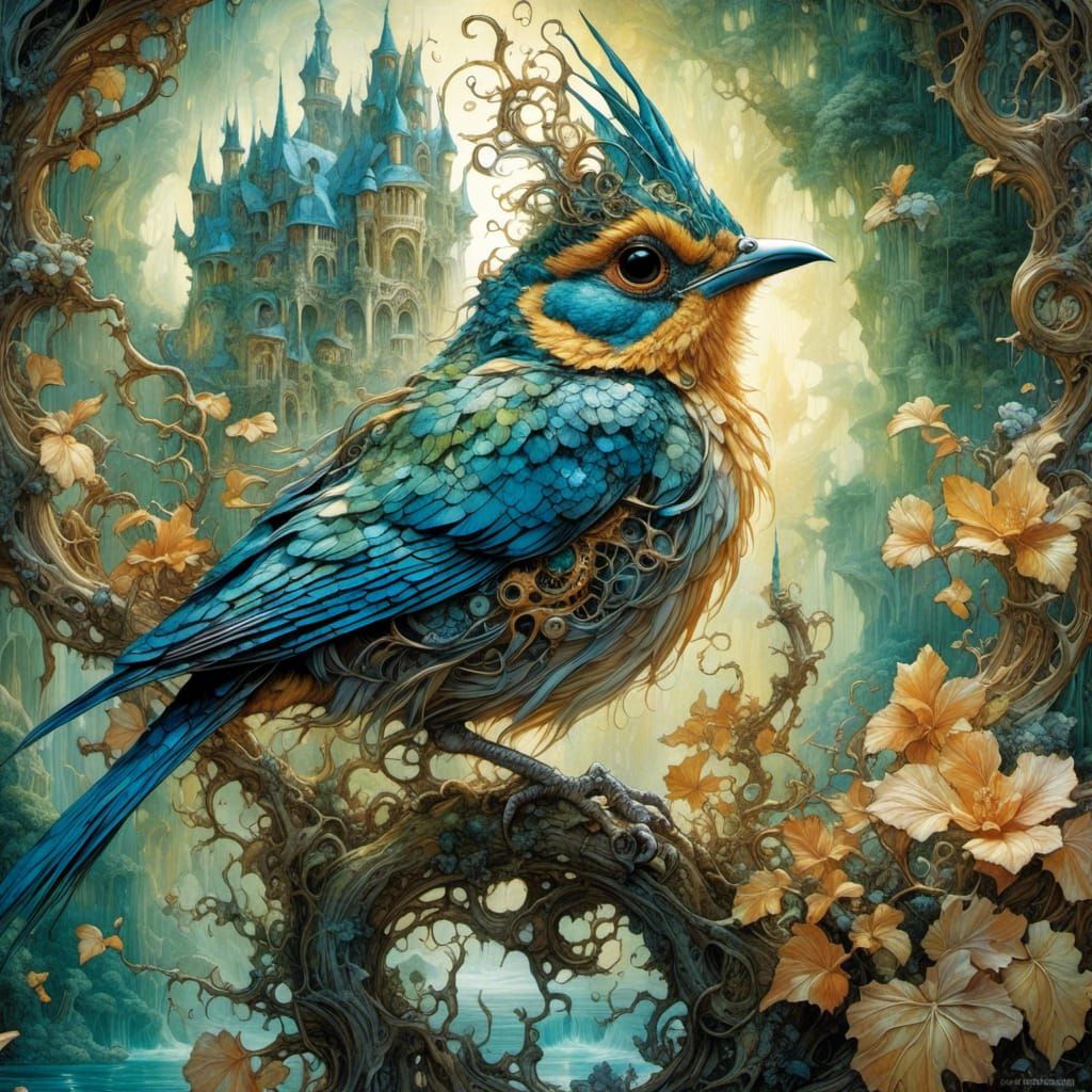 Striking Gremlin Bird Collage Art Illustration