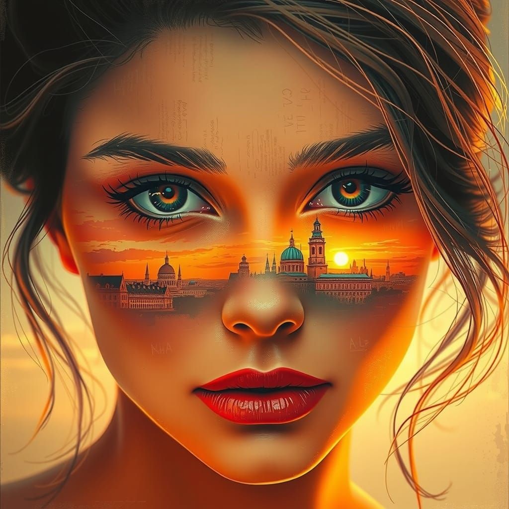 Ethereal Ukraine Woman Amidst Kyiv's Sunset Skyline
