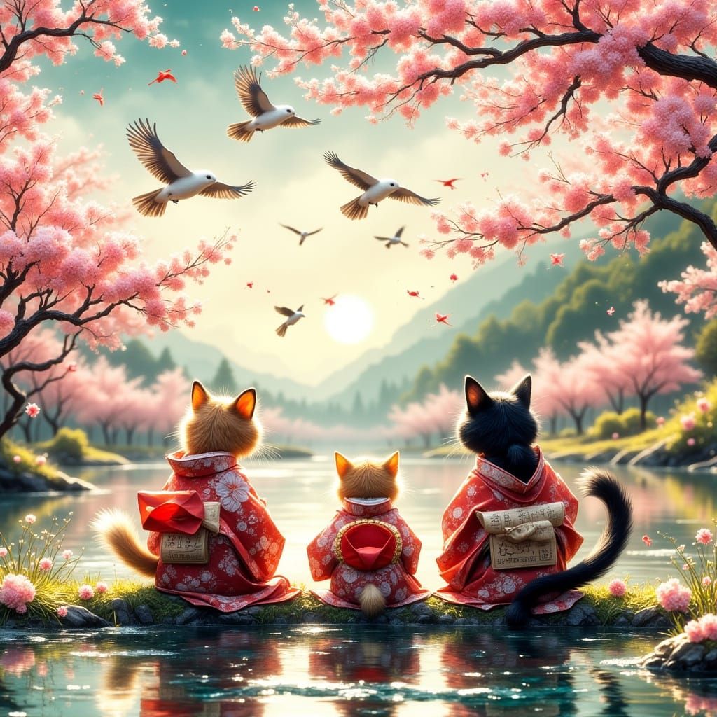 Cats Gaze at Shinano River Delta in Anime Style