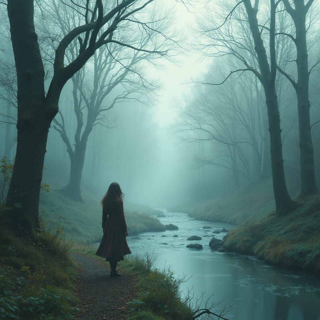 Serene Woman in Misty Forest Digital Painting