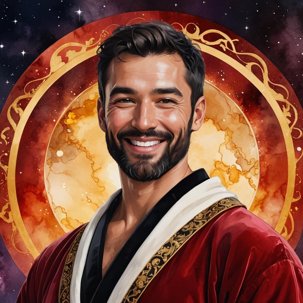 Smiling Man in Velvet Robe with Cosmic Background