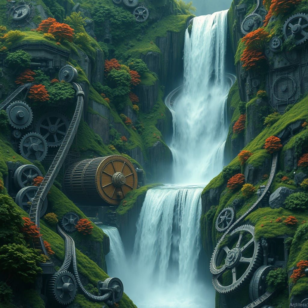 Energetic Waterfall: Fantasy Concept Art of Kinetic Energy