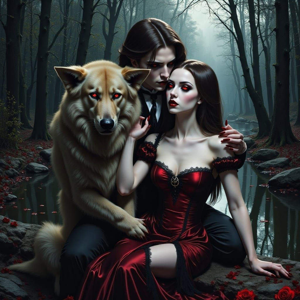 Vampire Woman and Dog by River, Oil and Watercolor