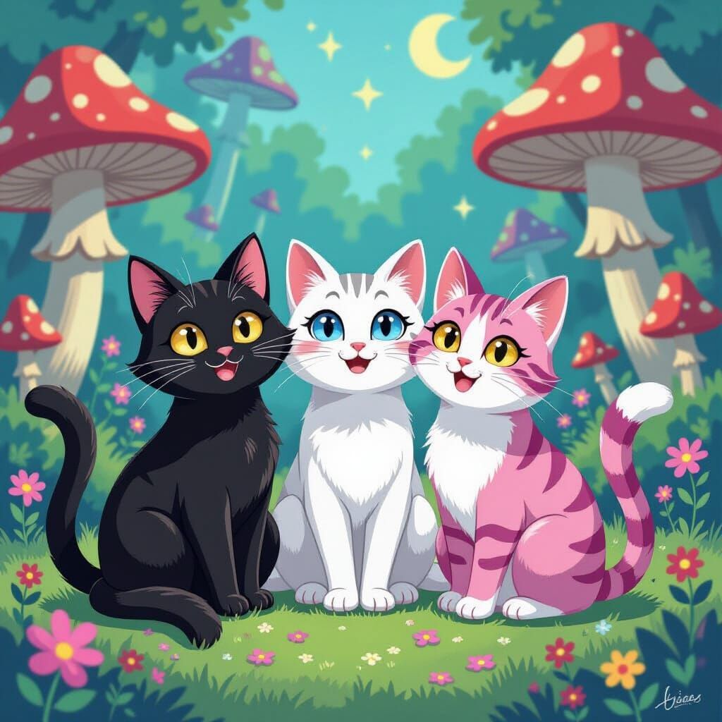 Three Mischievous Cats in a Whimsical Wonderland