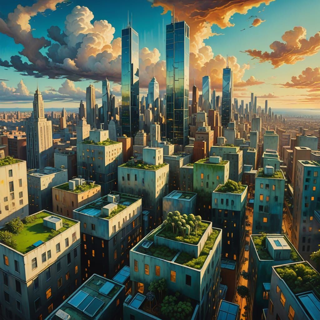 Surreal Cityscape with Dreamlike Skyscrapers and Vibrant Col...