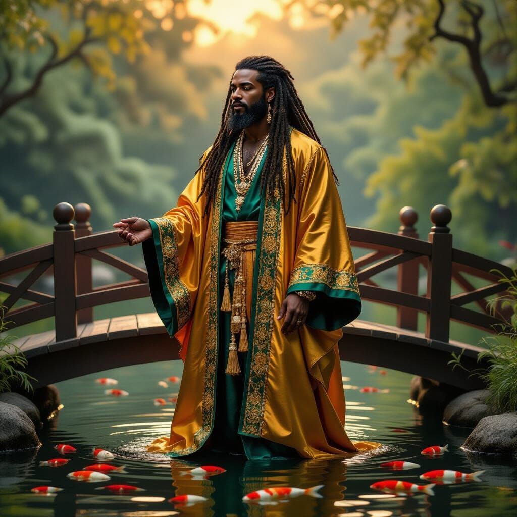 Black Man in Golden Robe Overlooking Koi Pond