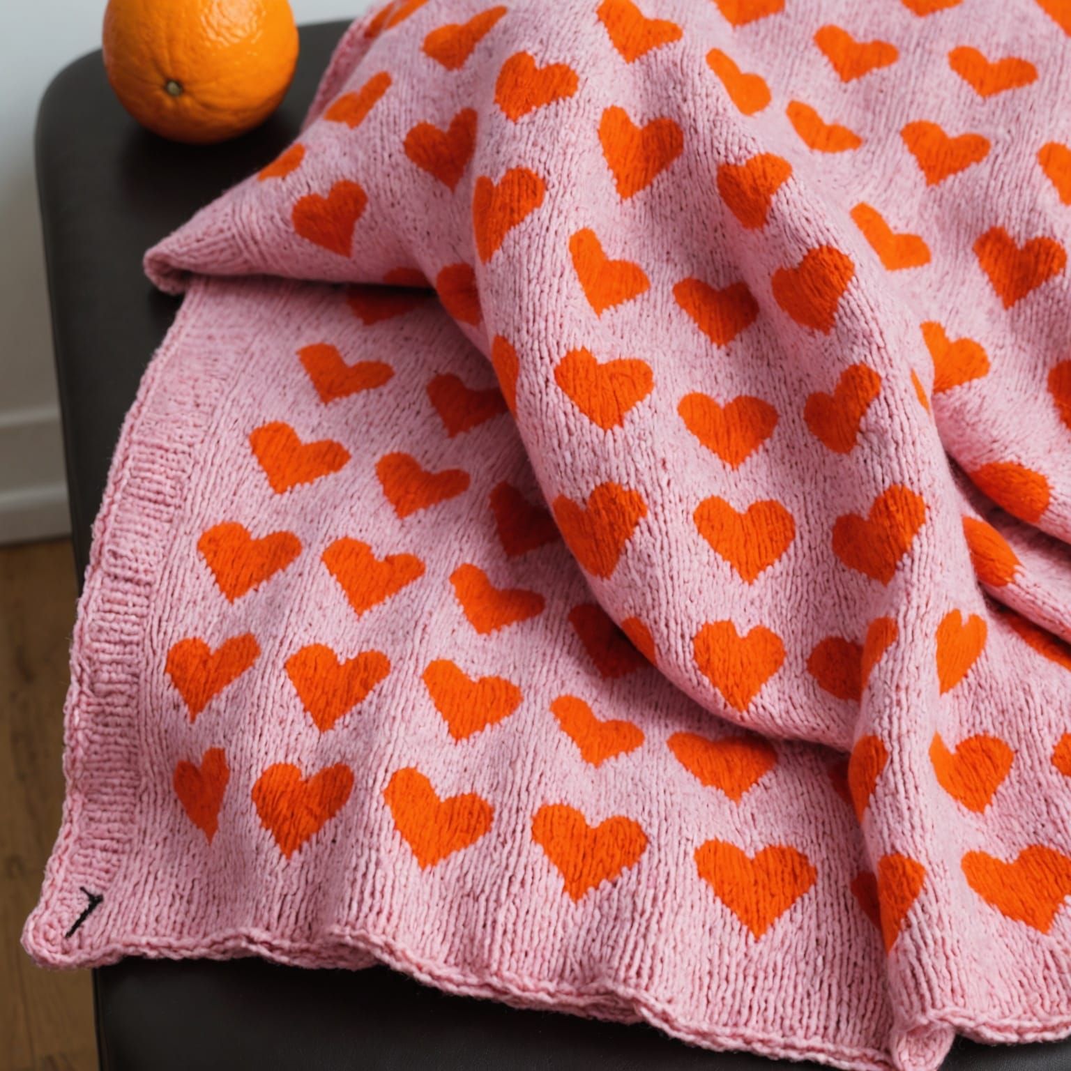 Pink Wool Blanket with Orange Hearts