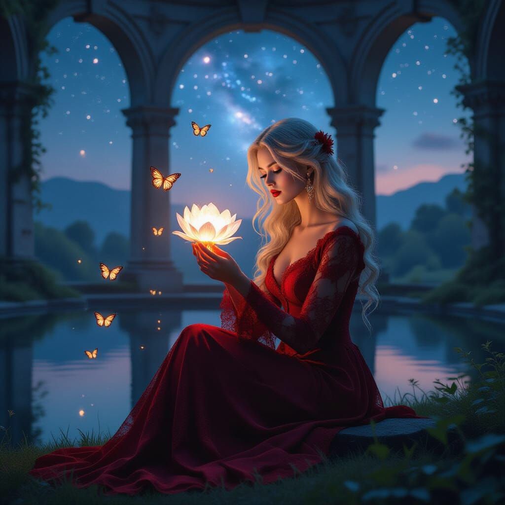 Woman in Red Lace with Moths and Nebulae