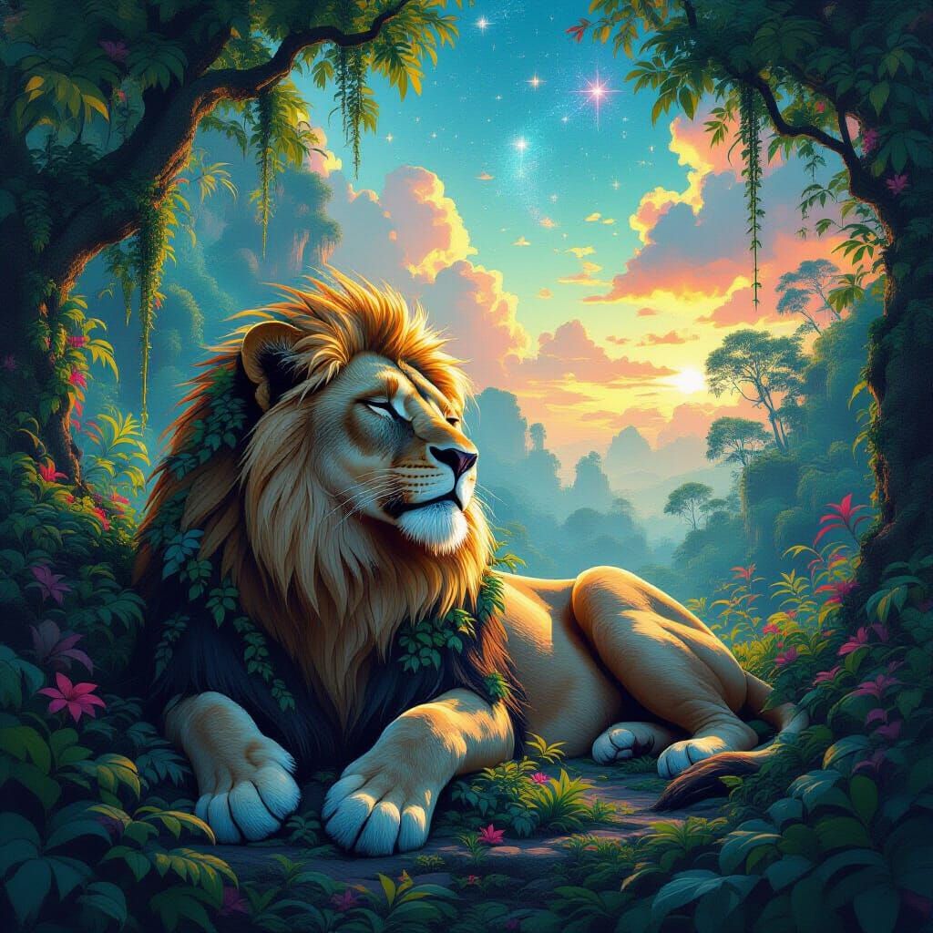 Stone Lioness in Kaleidoscopic Jungle: Hyperrealistic Fantas...