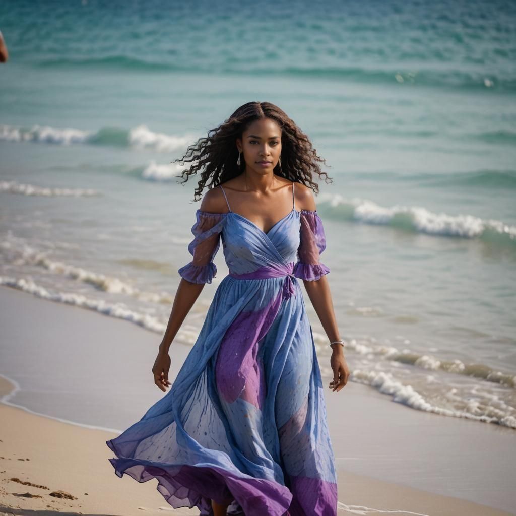 Caribbean Woman in Flowing Dress on Beach