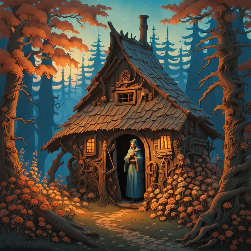 Baba Yaga in Eerie Forest, Slavic Folk Art Style