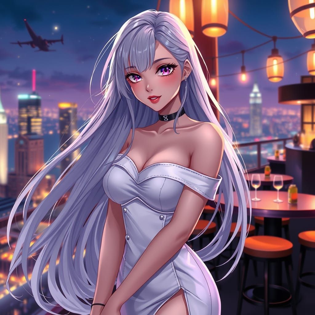 Anime Woman with Silver Hair in City Nightscape