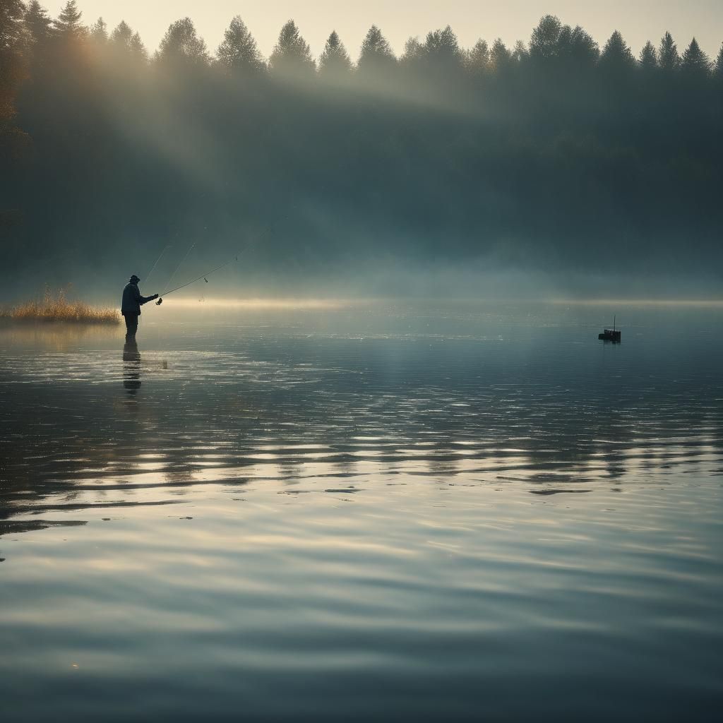 Serene Sunrise Fishing Scene: Cinematic Film Still