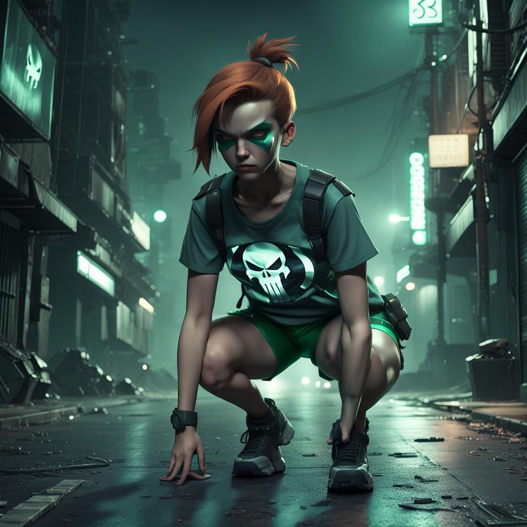 Futuristic Punisher Fan in Sci-Fi Cityscape