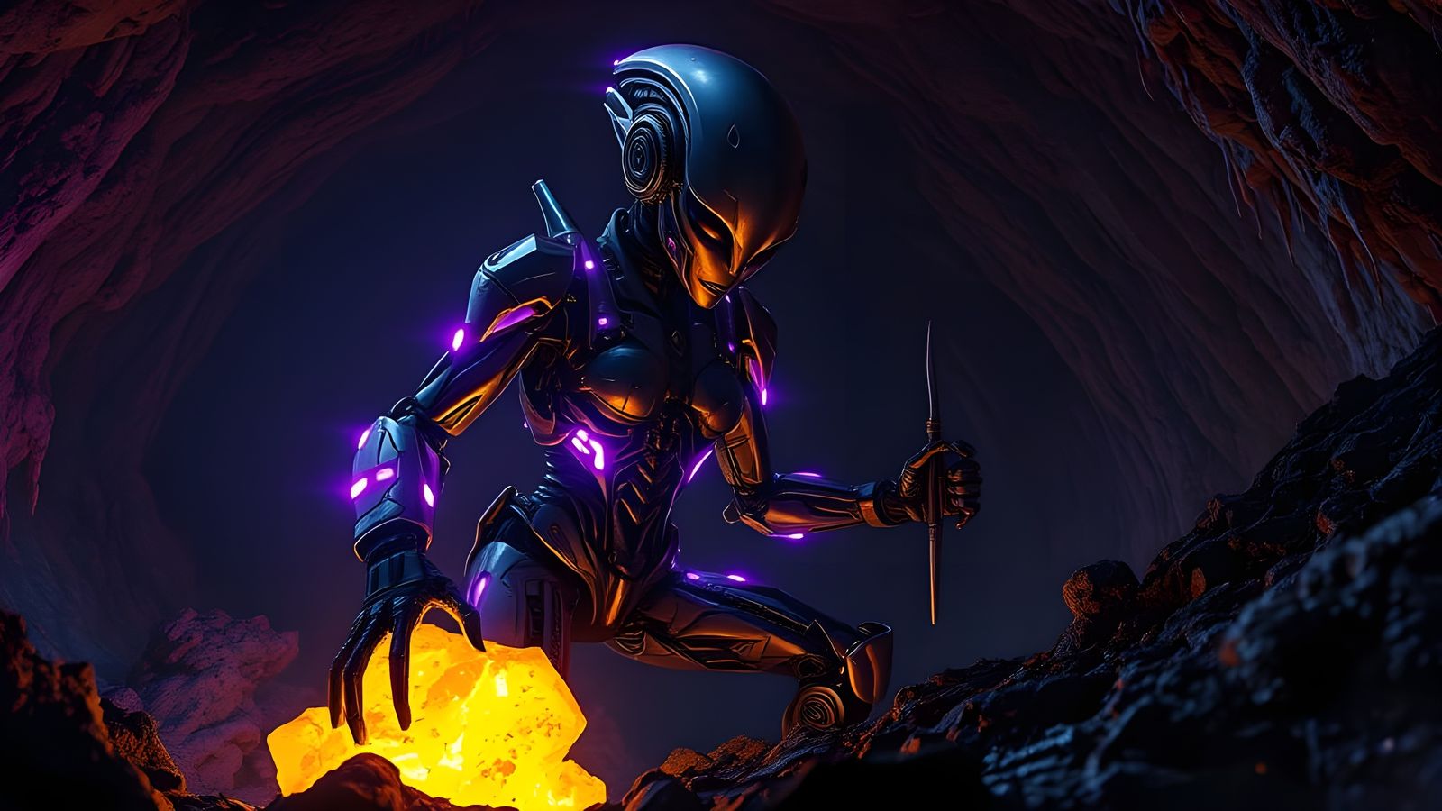 Cyberpunk Female Robot Unveils Hidden Cave Treasures