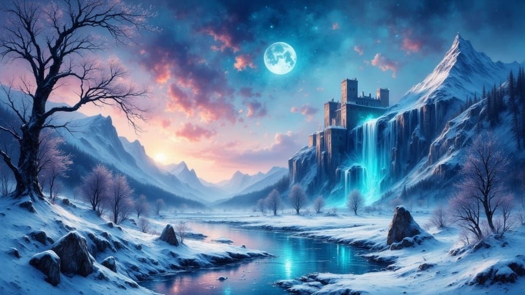 Surreal Snowy Valley with Flowing Water Rivers