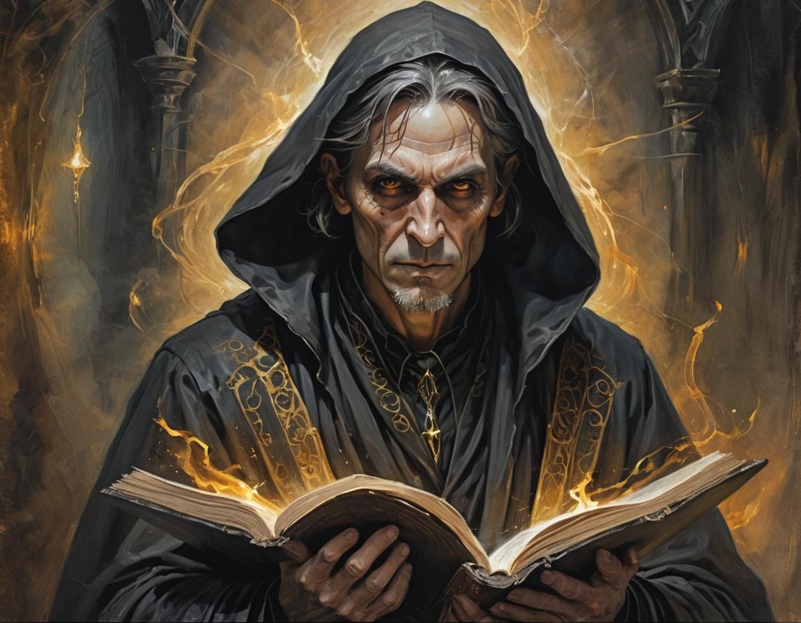 Mysterious Man with Spellbook in Gothic Whimsy Style