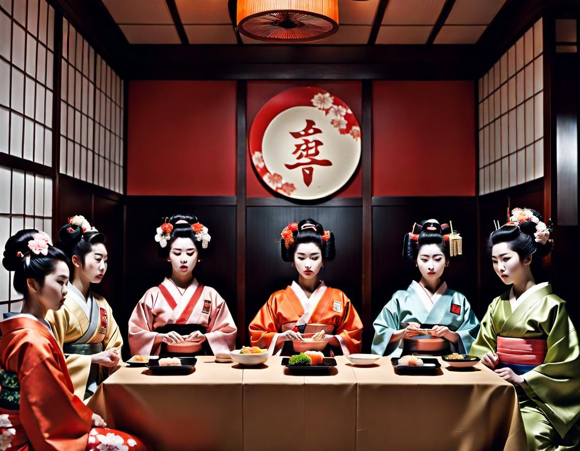 Last Supper Reimagined: Geishas in Sushi Restaurant